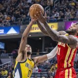 Tyrese Haliburton (0) a réussi 18 assists face aux Hawks KEYSTONE/AP/Doug McSchooler